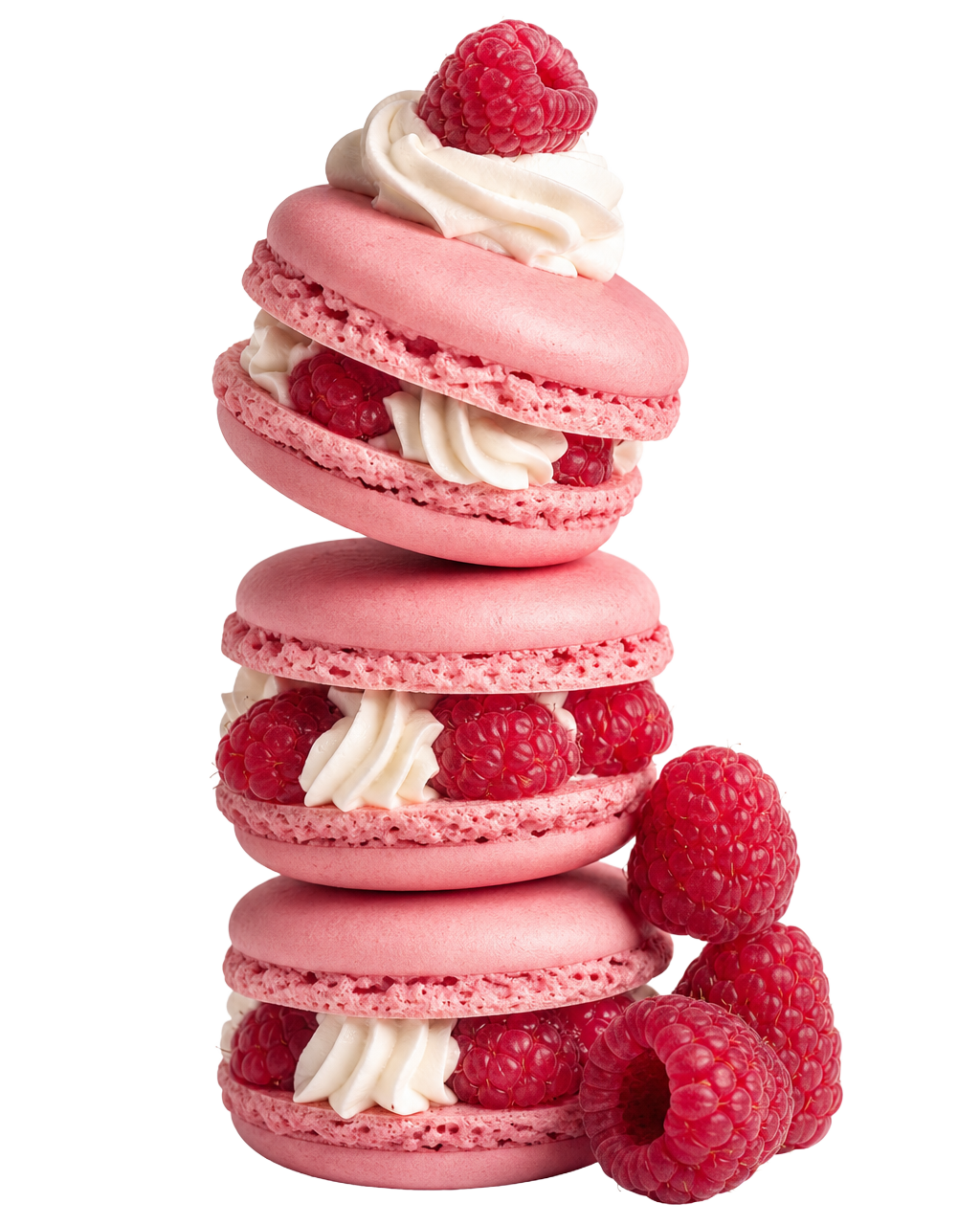 Turm aus rosa Himbeer-Macarons mit frischen Beeren und Sahne